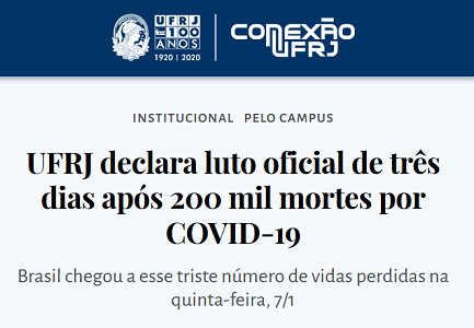UFRJ declara luto oficial de três dias após 200 mil mortes por COVID-19